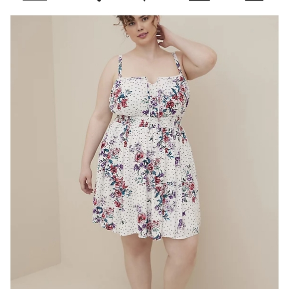 Torrid Tie Front Smocked Waist White Floral Gauze Full Skirted Mini Dress - Picture 2 of 7